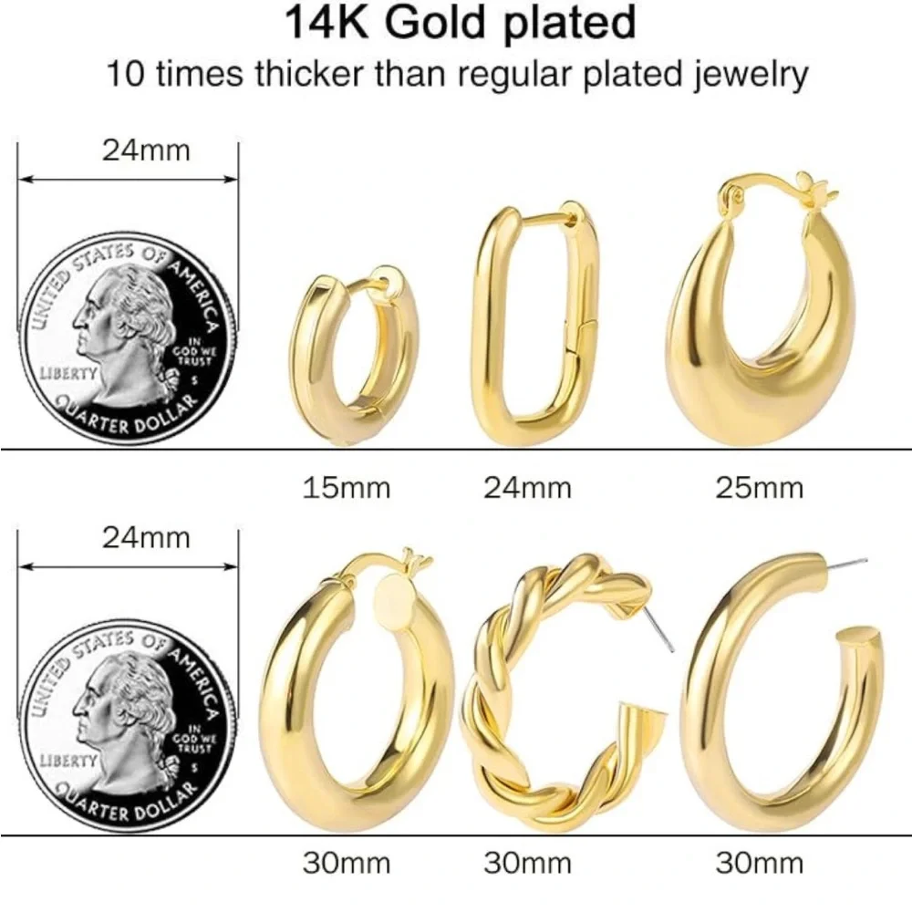 NWT set of SIX PAIRS of 14k gold plated chunky hoop huggie earrings ✨ - Picture 3 of 3